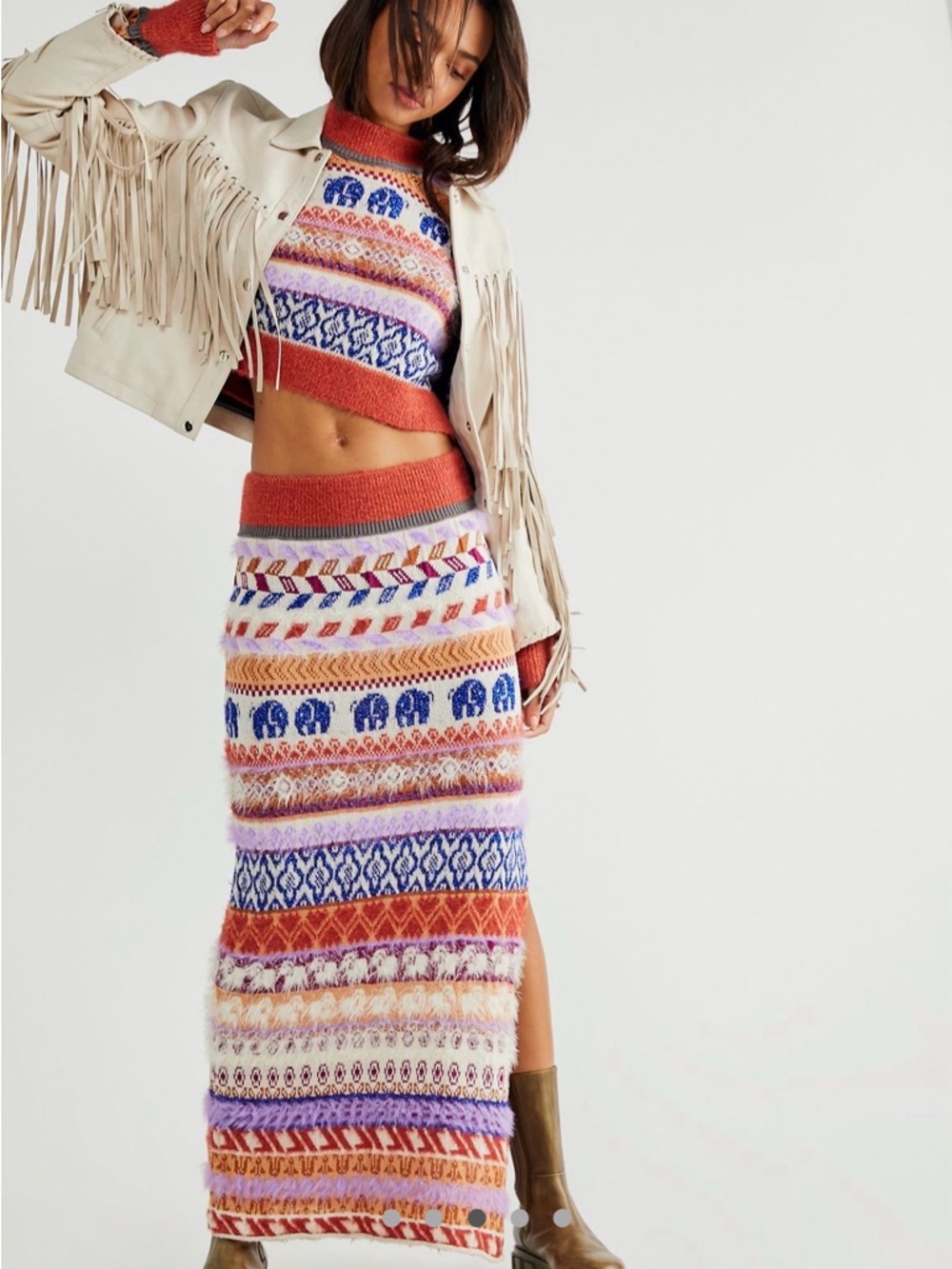 Free People Maxi Skirt and sweater Night Combo in Navy, Orange, Purple & Cream